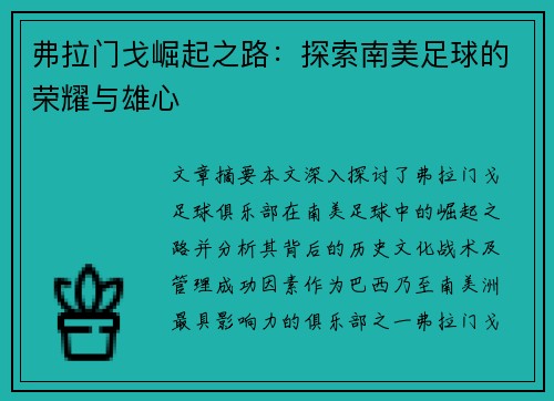 弗拉门戈崛起之路：探索南美足球的荣耀与雄心